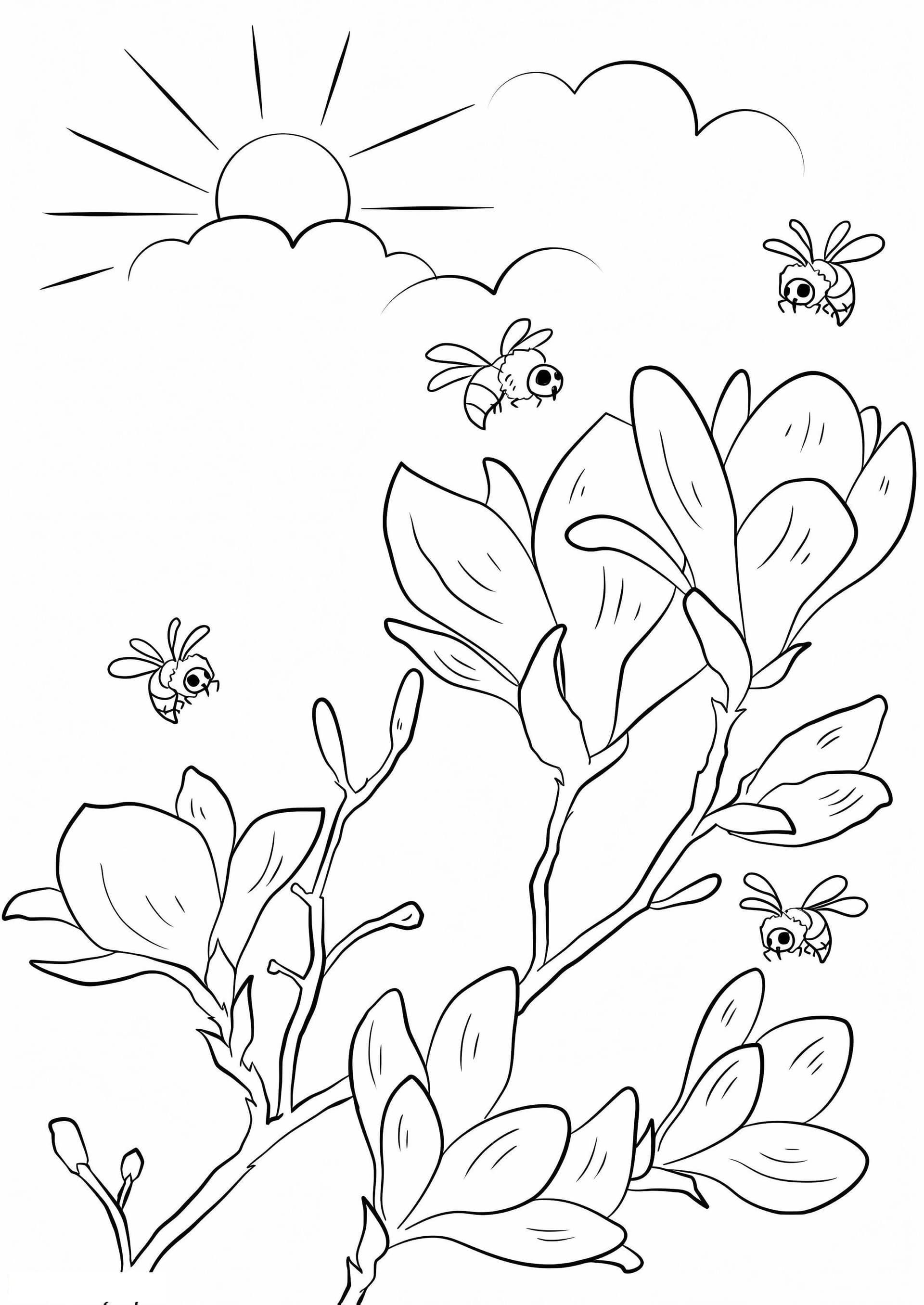 Flowers And Bees In Spring