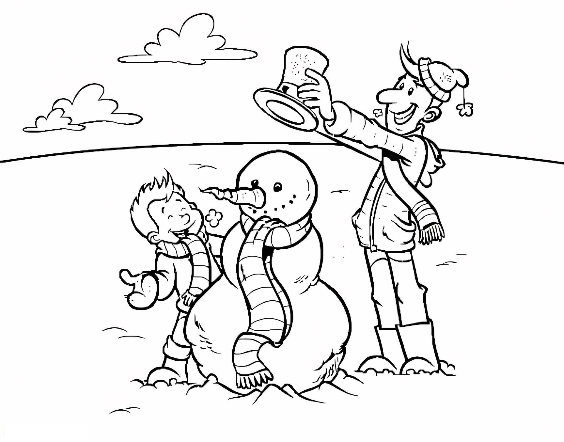 Father And Son Building Snowman