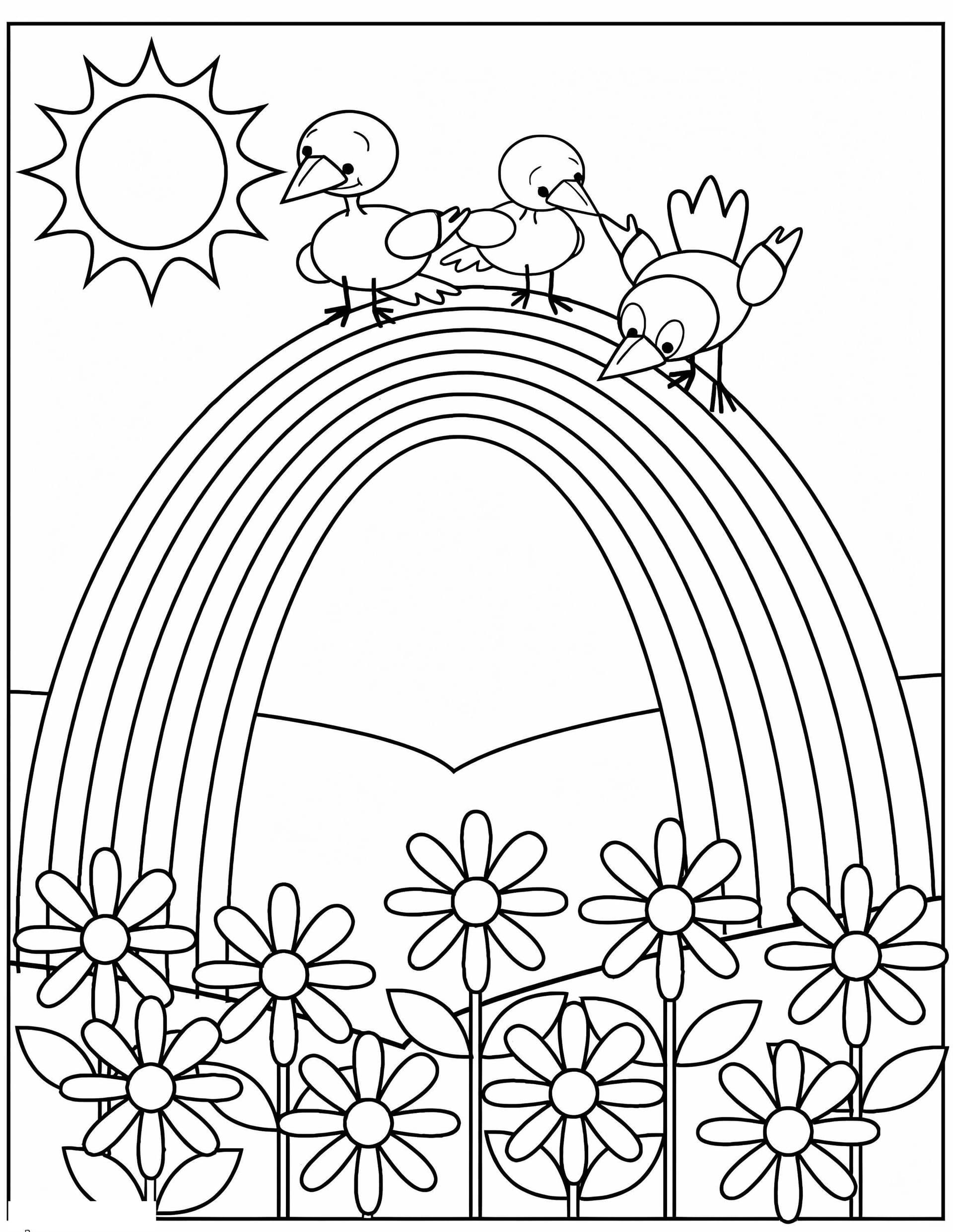 Three Birds In The Rainbow With Flowers