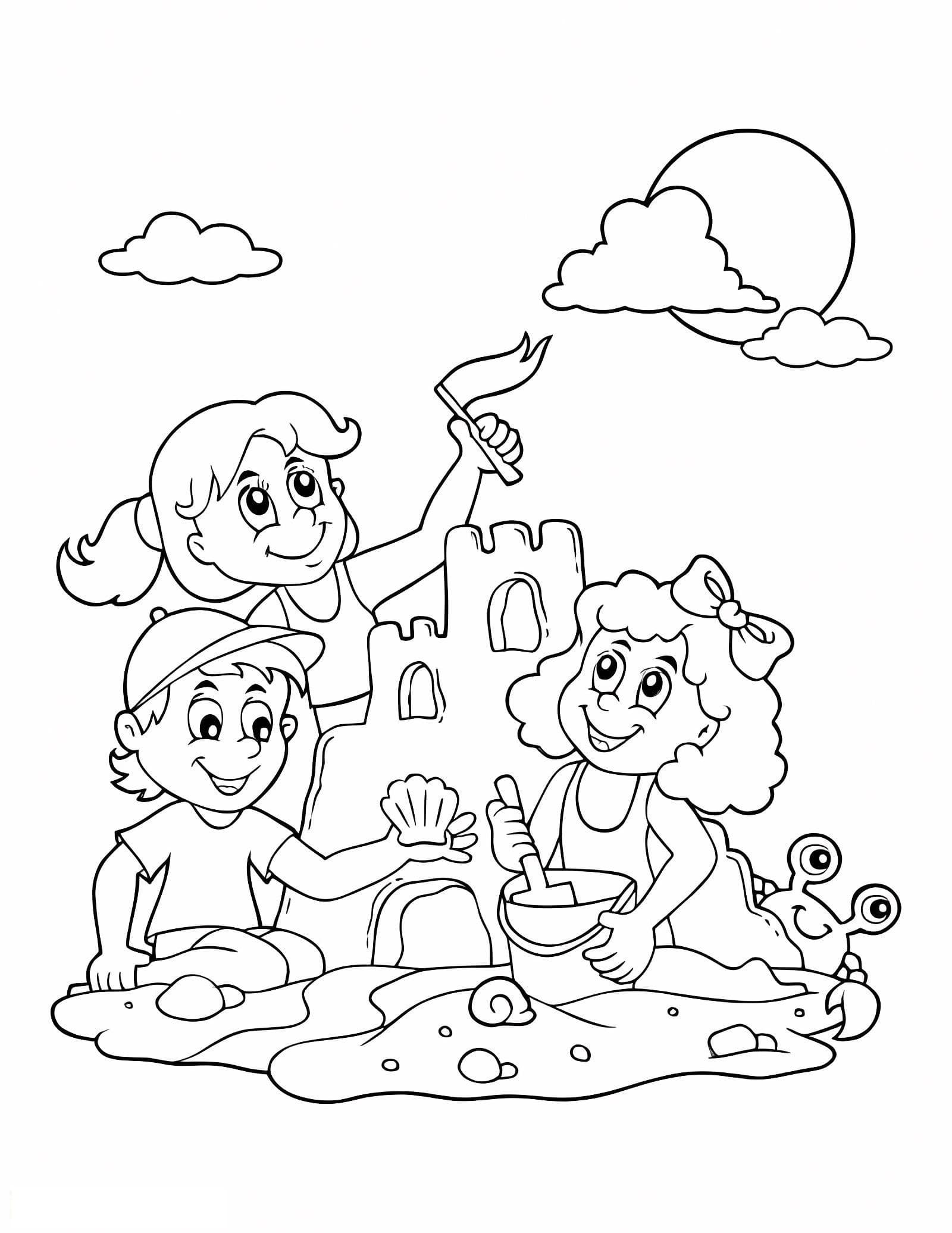 Three Children Build Sandcastles