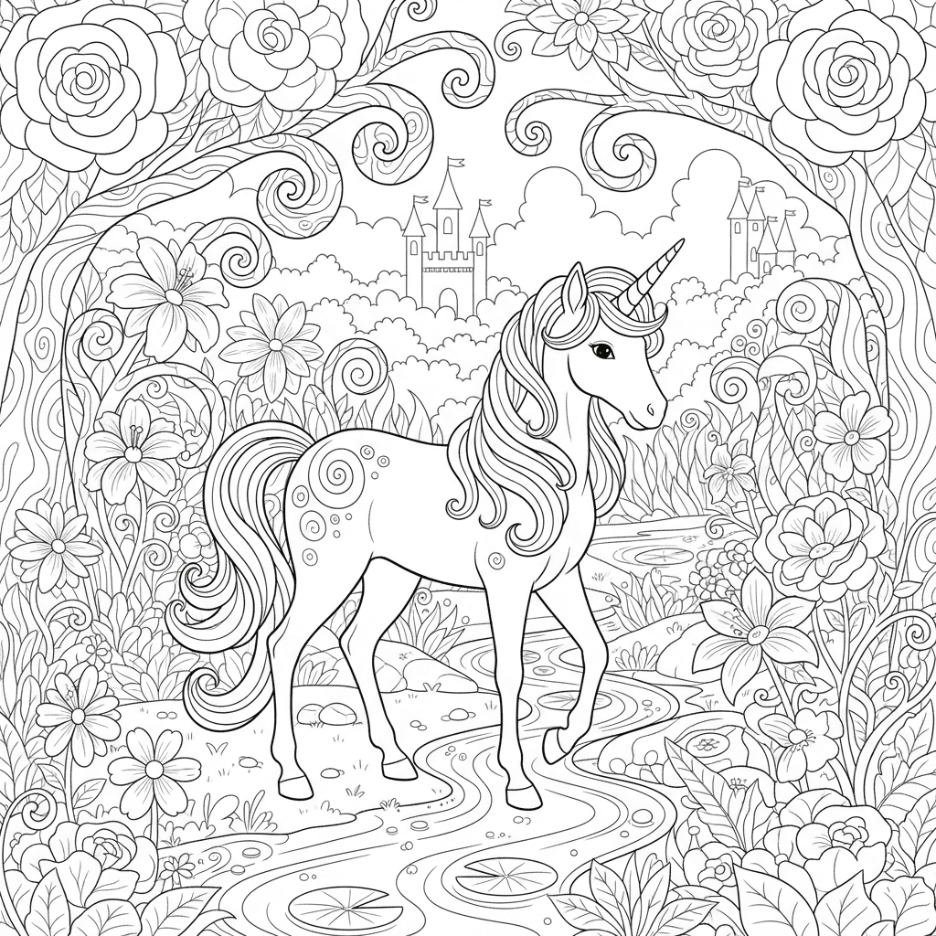 A unicorn in a garden