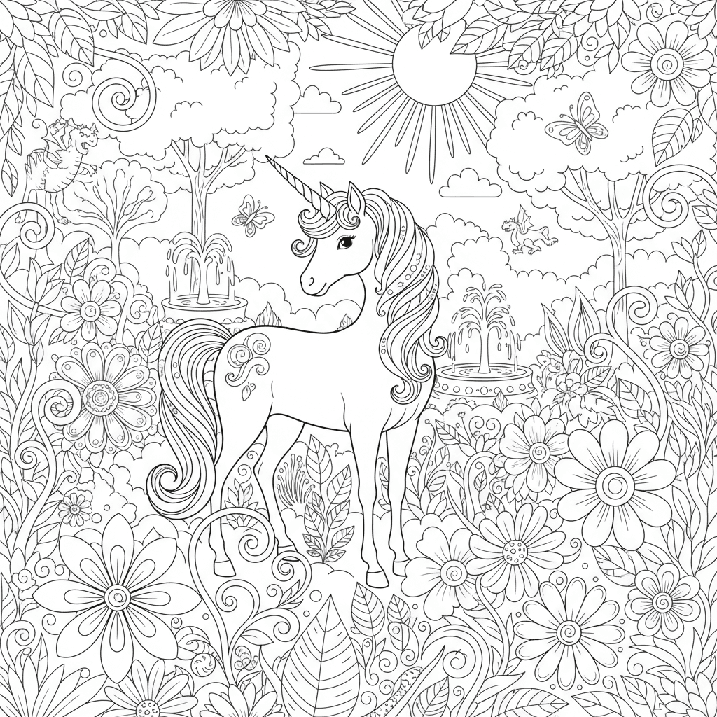 A unicorn in a garden