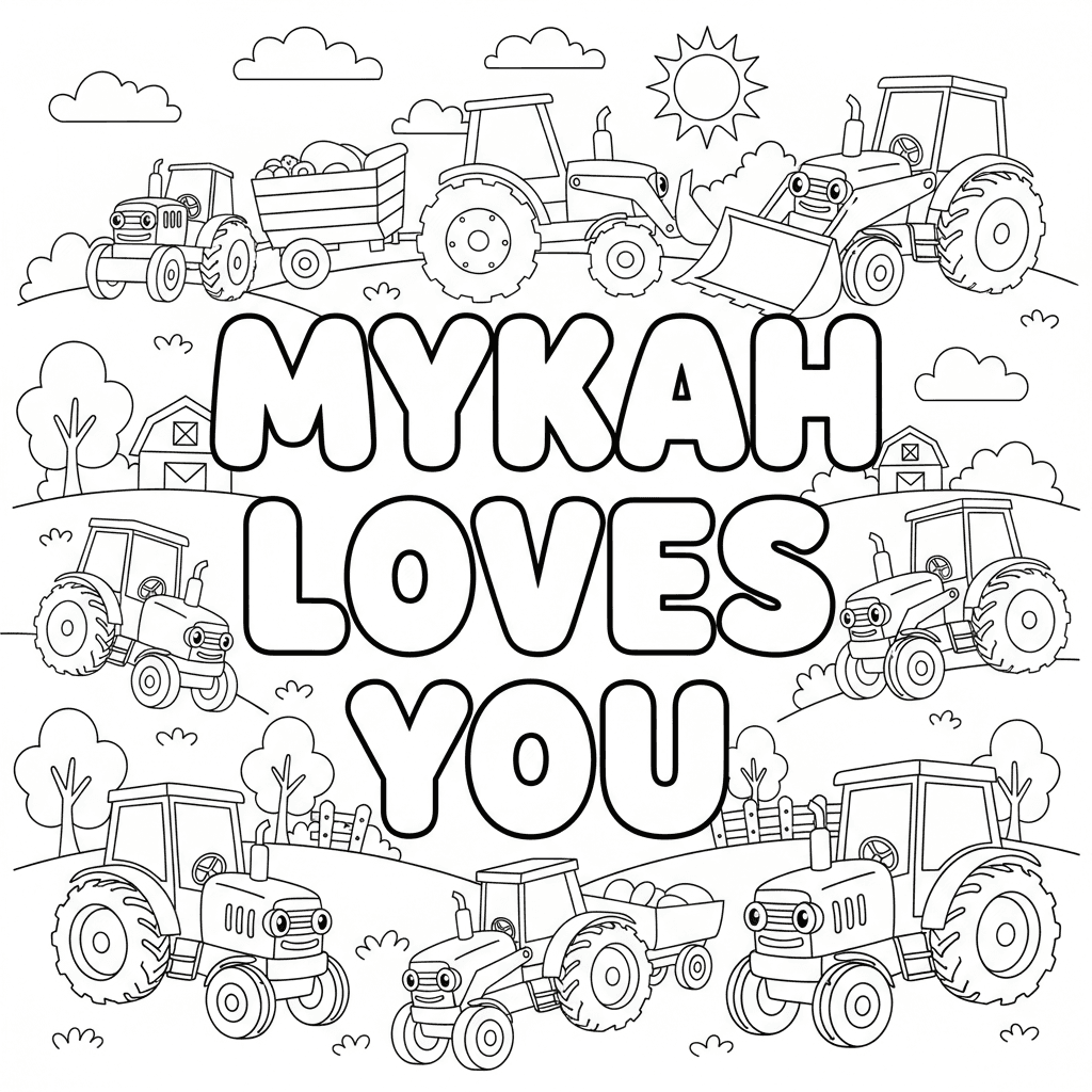 Draw me a coloring page for a 3-year-old with Mykah loves you in bubble letters