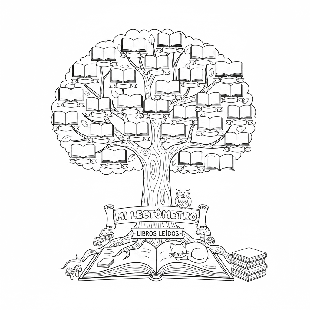 Quiero un lectómetro con forma de árbol, que sea para colorear. Quiero que en al