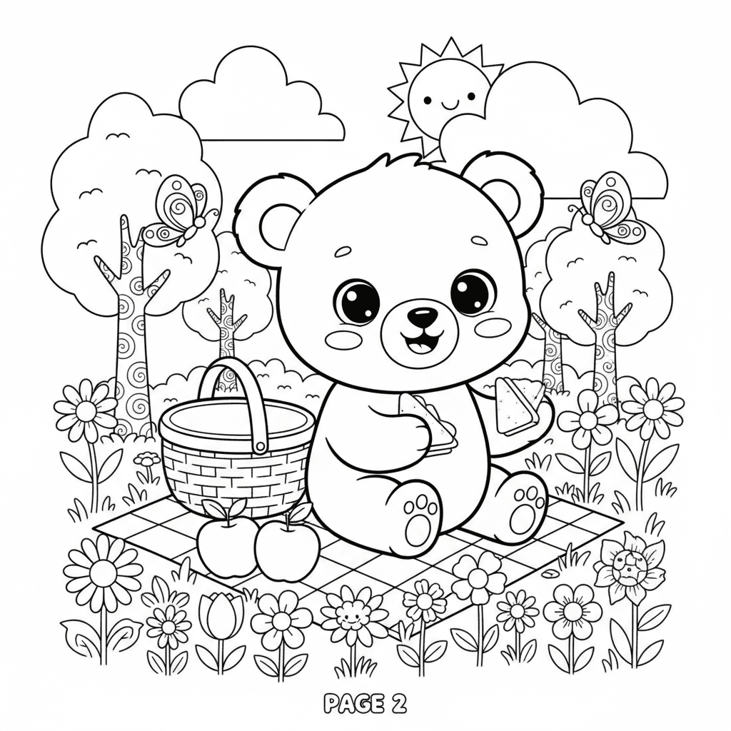Create page 2 of a professional 20-page children's coloring book called 'Adorabl