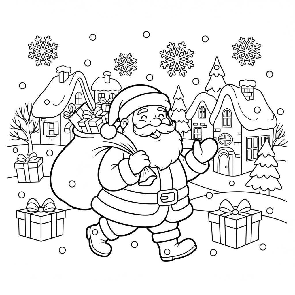 Cute Santa Claus walking through a snowy Christmas village with small houses, sn