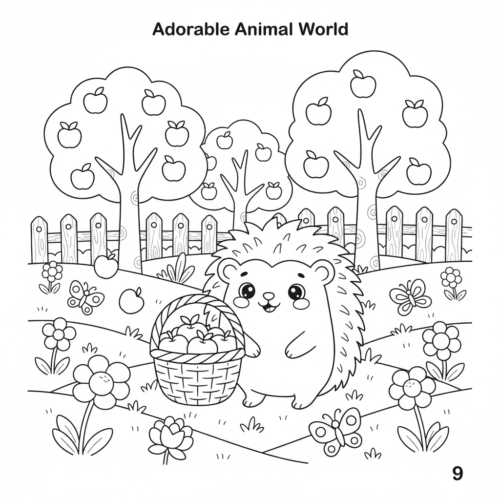 Create page 9 of a professional 20-page children's coloring book called 'Adorabl