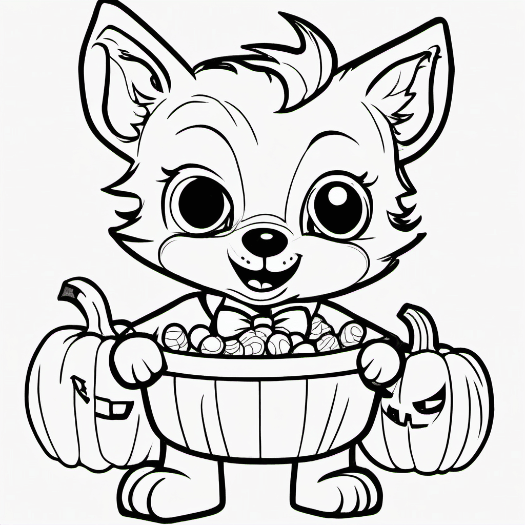 Cute baby werewolf wearing a little bow tie, holding a pumpkin bucket filled wit