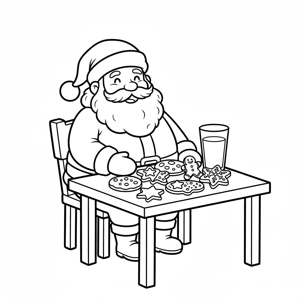 Cute Santa Claus sitting at a table with Christmas cookies and a glass of milk.