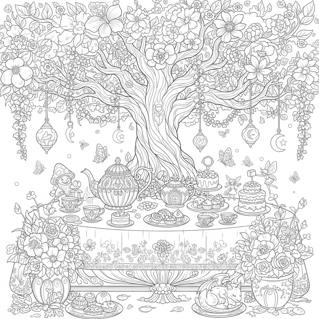 Magical tea party An elaborate enchanted tea party beneath a giant flowering tre