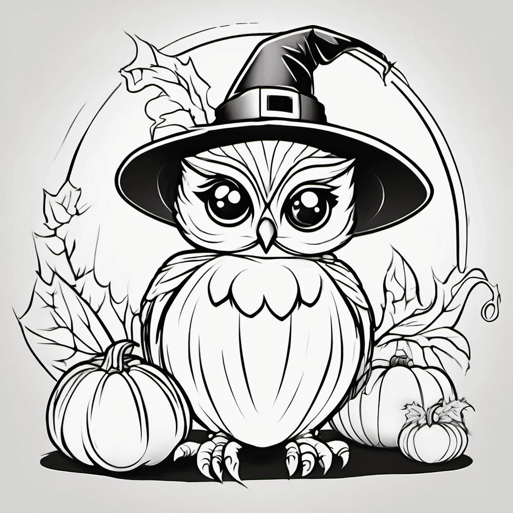 Cute baby owl wearing a witch hat, sitting on a pumpkin beside a tiny friendly b