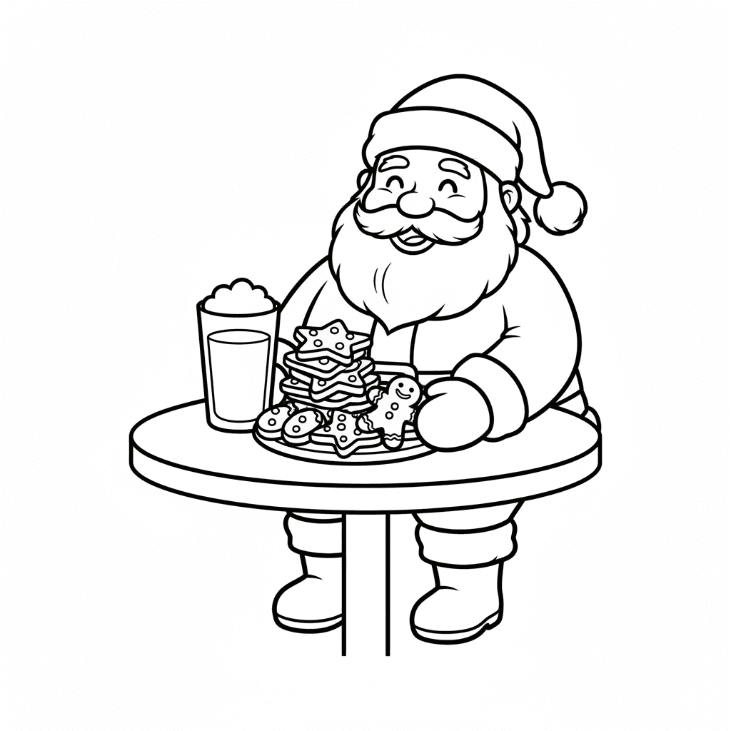 Cute Santa Claus sitting at a table with Christmas cookies and a glass of milk.