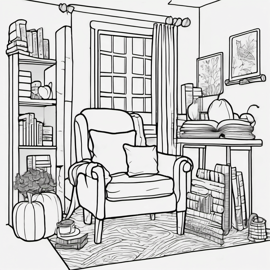 A cozy autumn reading nook with blankets, books, and mugs