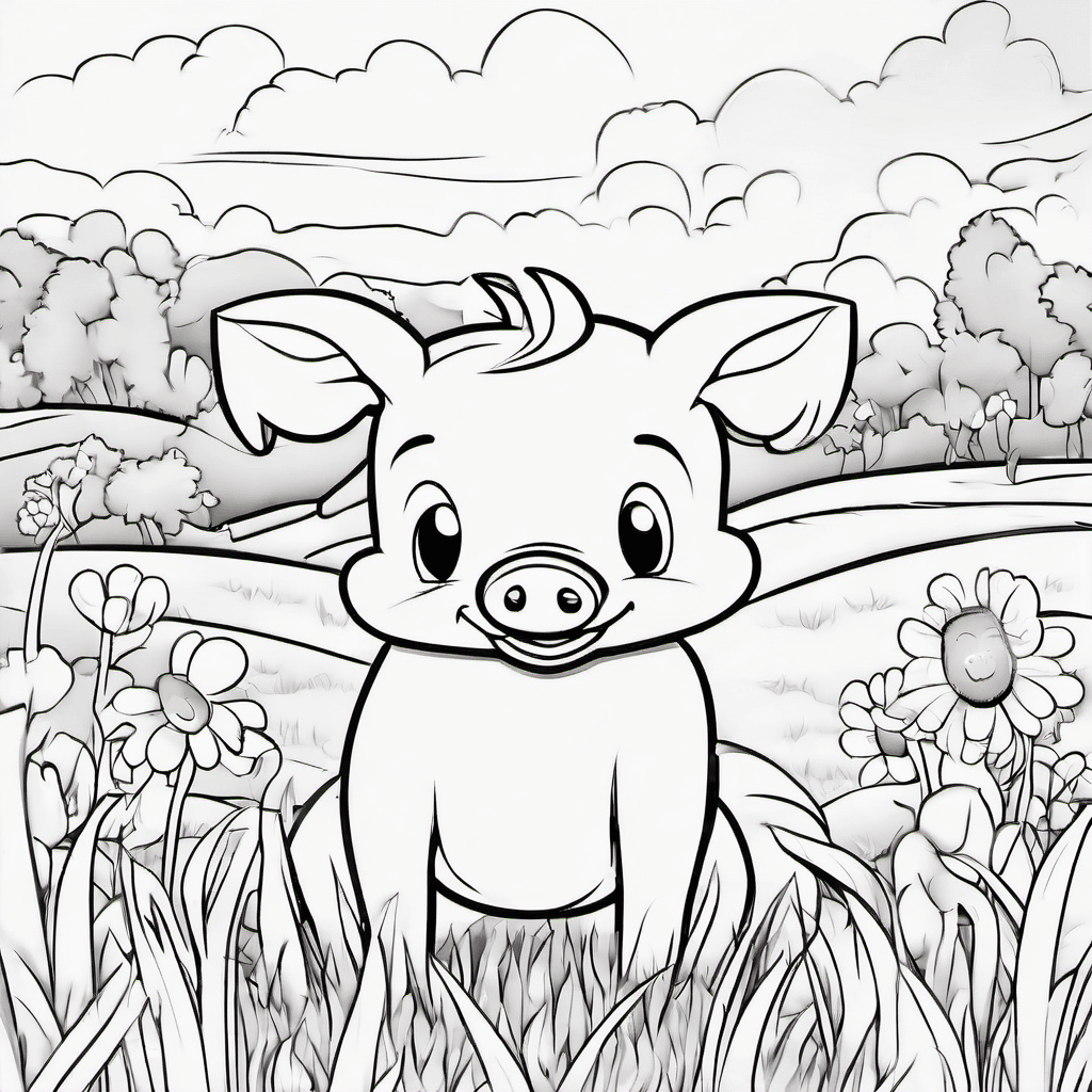 Cute baby piglet standing happily in a simple farm meadow, round chubby body, fl