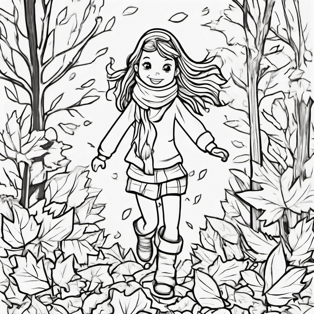 A girl wearing a scarf and boots while jumping into leaf piles Make the girl's f