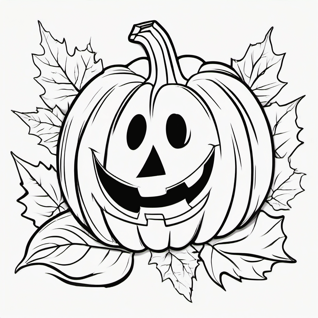 Cute smiling pumpkin with a tiny ghost and falling autumn leaves. Simple Hallowe