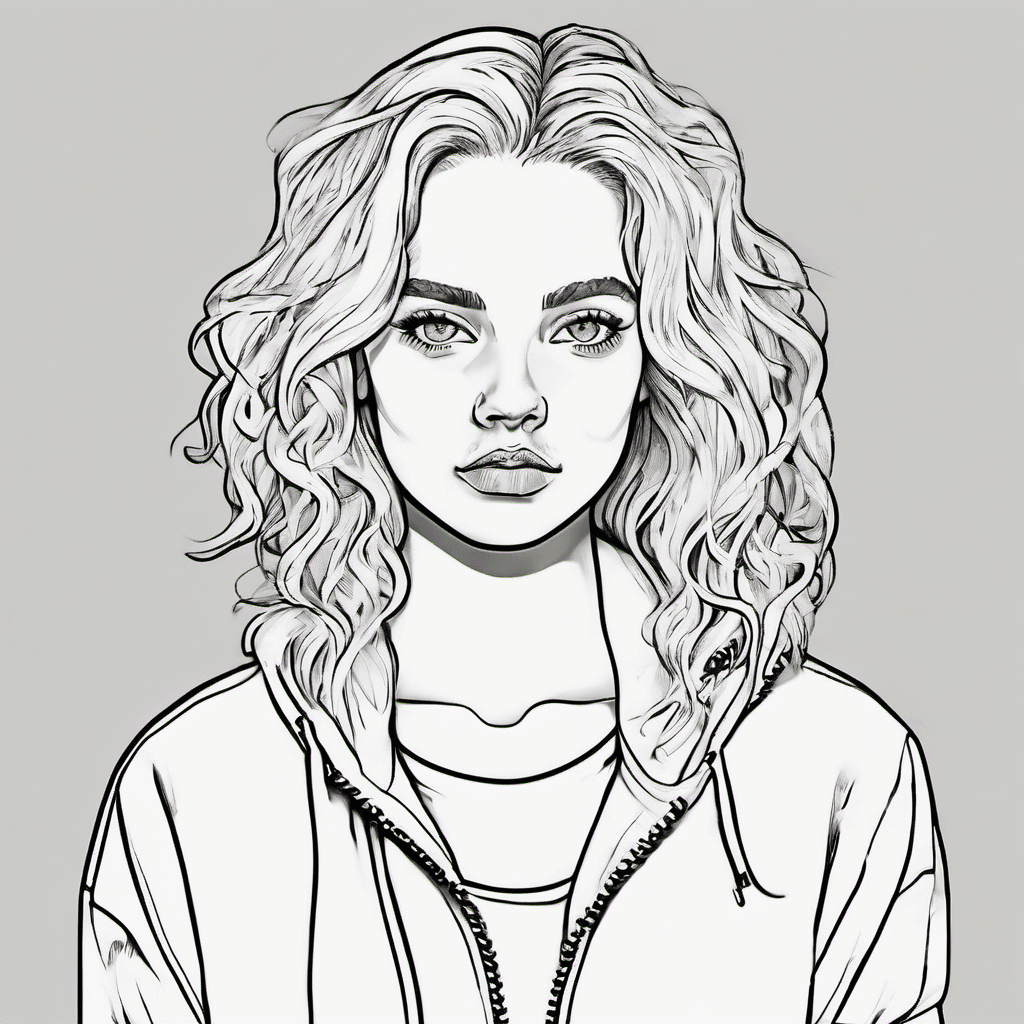I want a girl that is wearing a shirt and a baggy zip up sweatshirt wearing bagg