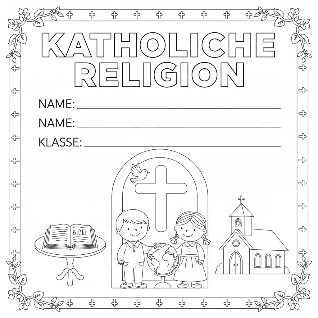 Erstelle ein Deckblatt für eine Religionsmappe, in der Kinder auch Name und Klas