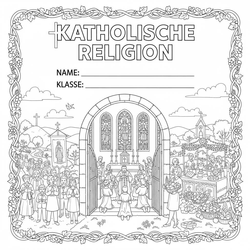 Erstelle ein Deckblatt für eine Religionsmappe, in der Kinder auch Name und Klas