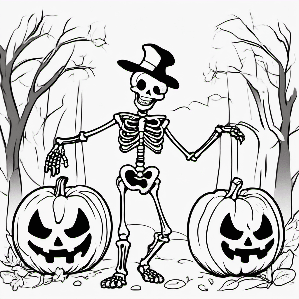 Cute skeleton dancing beside a smiling pumpkin. Simple Halloween coloring page f