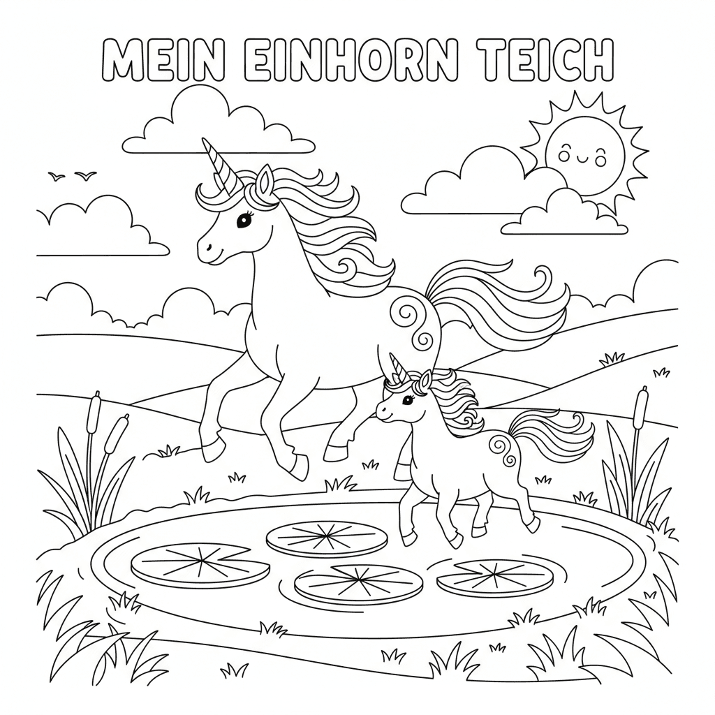 Einen Teich mit ringsherum wiese auf dem ein Einhorn trabt mit einem Baby Einhor