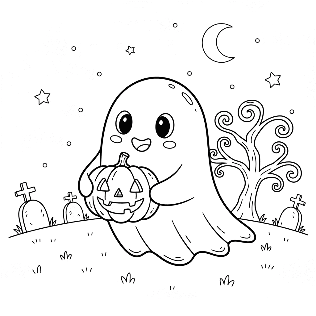 A friendly little ghost with a pumpkin