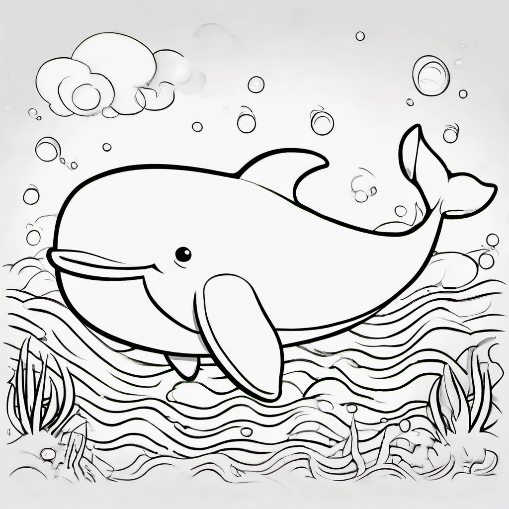 Cute baby whale swimming happily in a simple ocean scene, rounded body, big frie