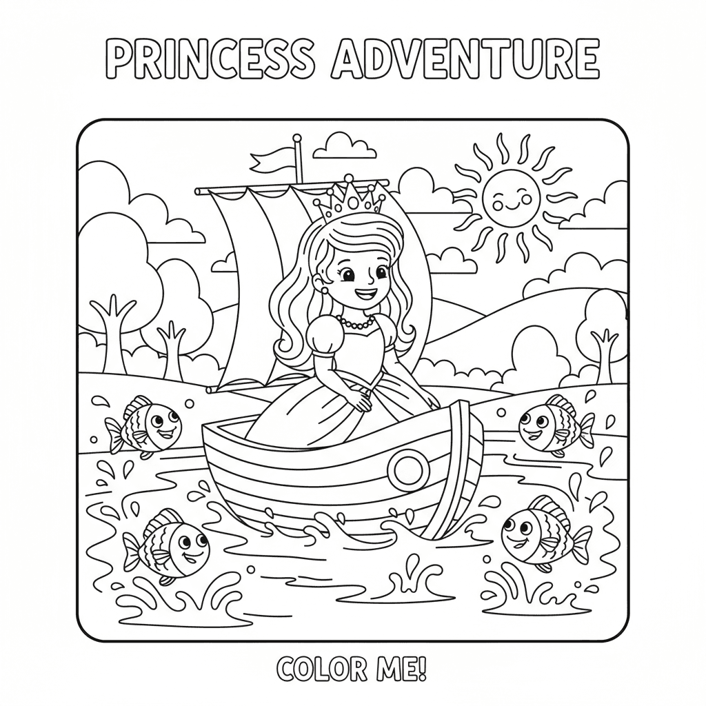 Cute Princess sailing on a peaceful lake,there's fish jump and swim around, chil