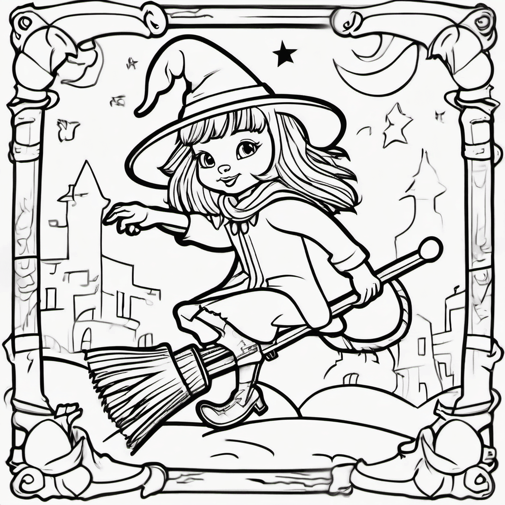 Cute baby witch riding a broom with a friendly cat. Simple Halloween coloring pa