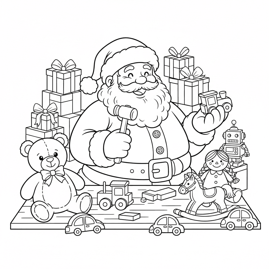 Cute Santa Claus inside his Christmas workshop surrounded by toys, teddy bears,