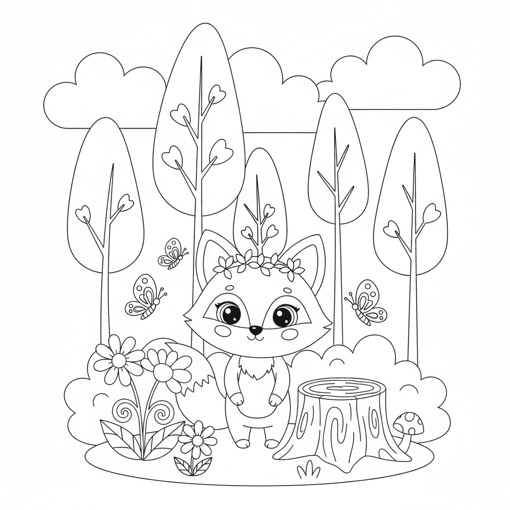 Create a cute children's coloring book page featuring an adorable little fox exp