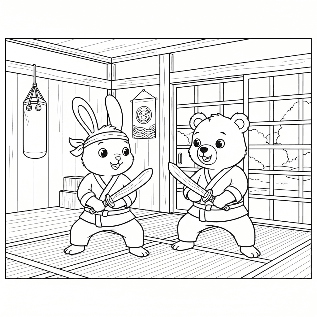 The bunny and bear are best friends practicing samurai movements together in a t