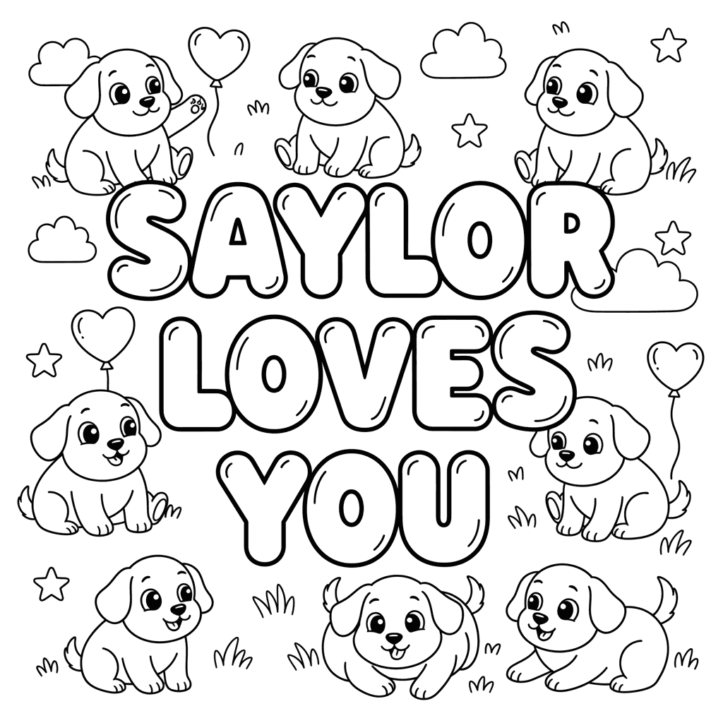 Draw me a coloring page for a 3-year-old with Saylor loves you in bubble letters
