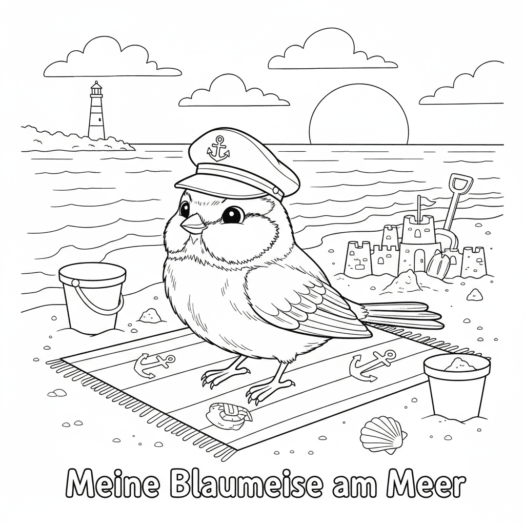 Eine Blaumeise mit norddeutschem Seemannshut, sie sitzt am Strand auf ihrem lieb