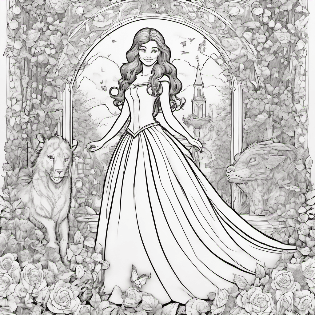 Coloring page of a young girl in a flowing gown standing beside a friendly mythi