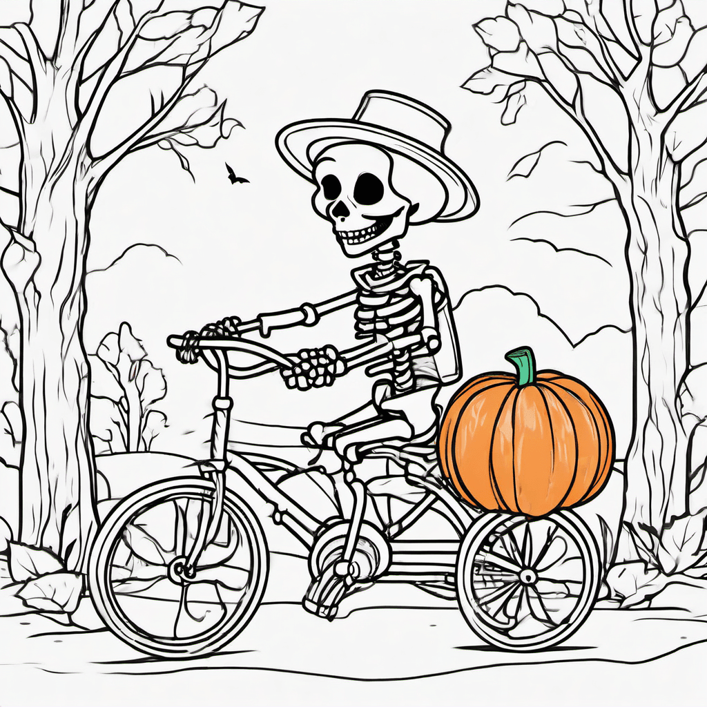 Cute friendly skeleton riding a small bicycle with a pumpkin basket. Simple Hall