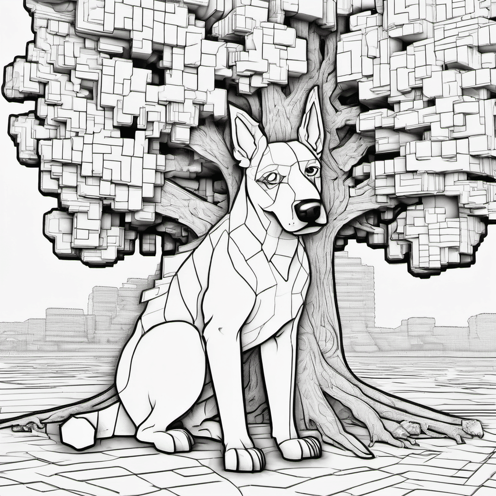 Jerry the dog from lookouts mod in Minecraft sitting under a Minecraft tree.