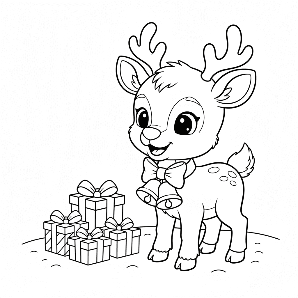 Cute friendly reindeer wearing a Christmas bell collar, standing in the snow bes