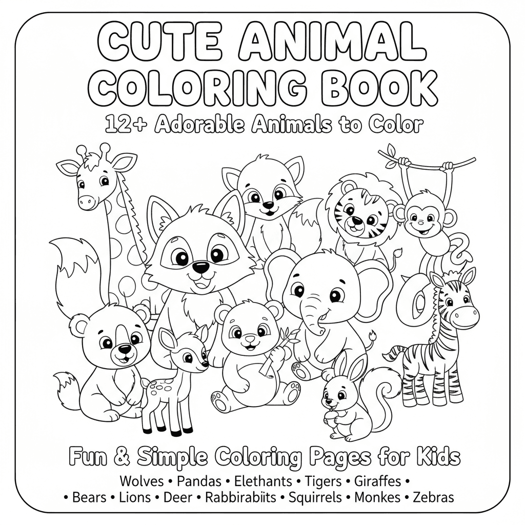 **CUTE ANIMAL COLORING BOOK** **12+ Adorable Animals to Color** Fun & Simple Col