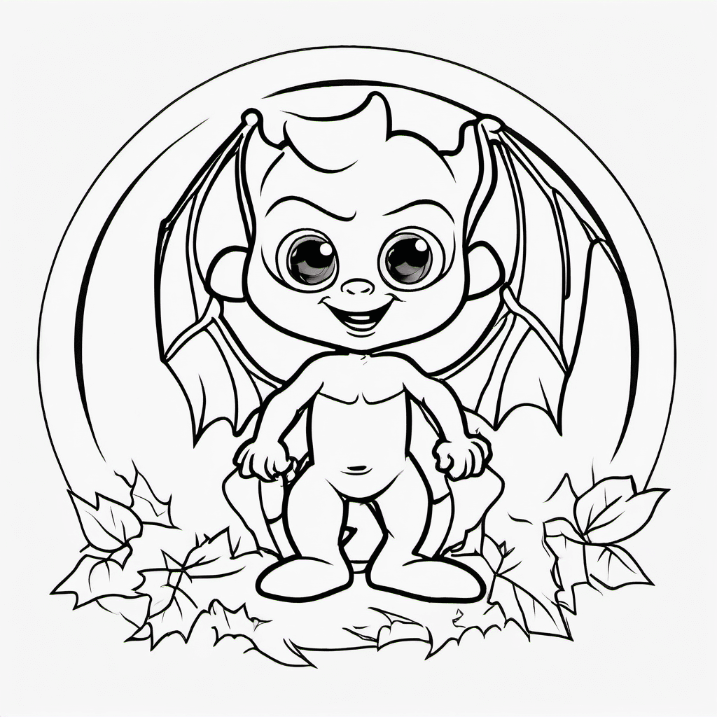 Cute baby vampire with a friendly bat and a full moon. Simple Halloween coloring