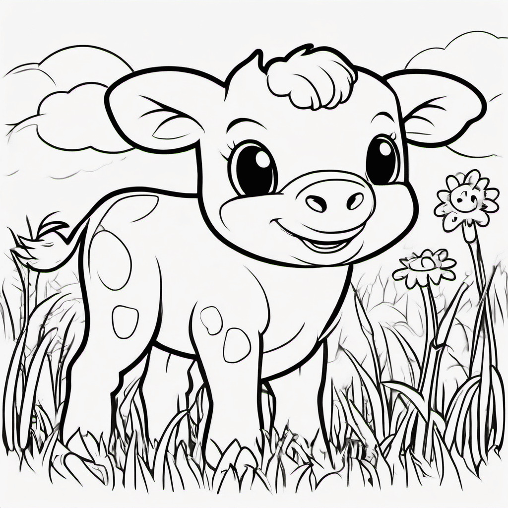 Cute baby calf standing happily in a simple farm meadow, round body with a few l