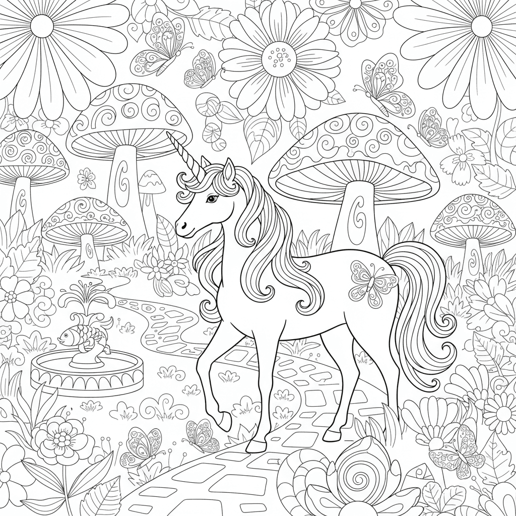 A unicorn in a garden