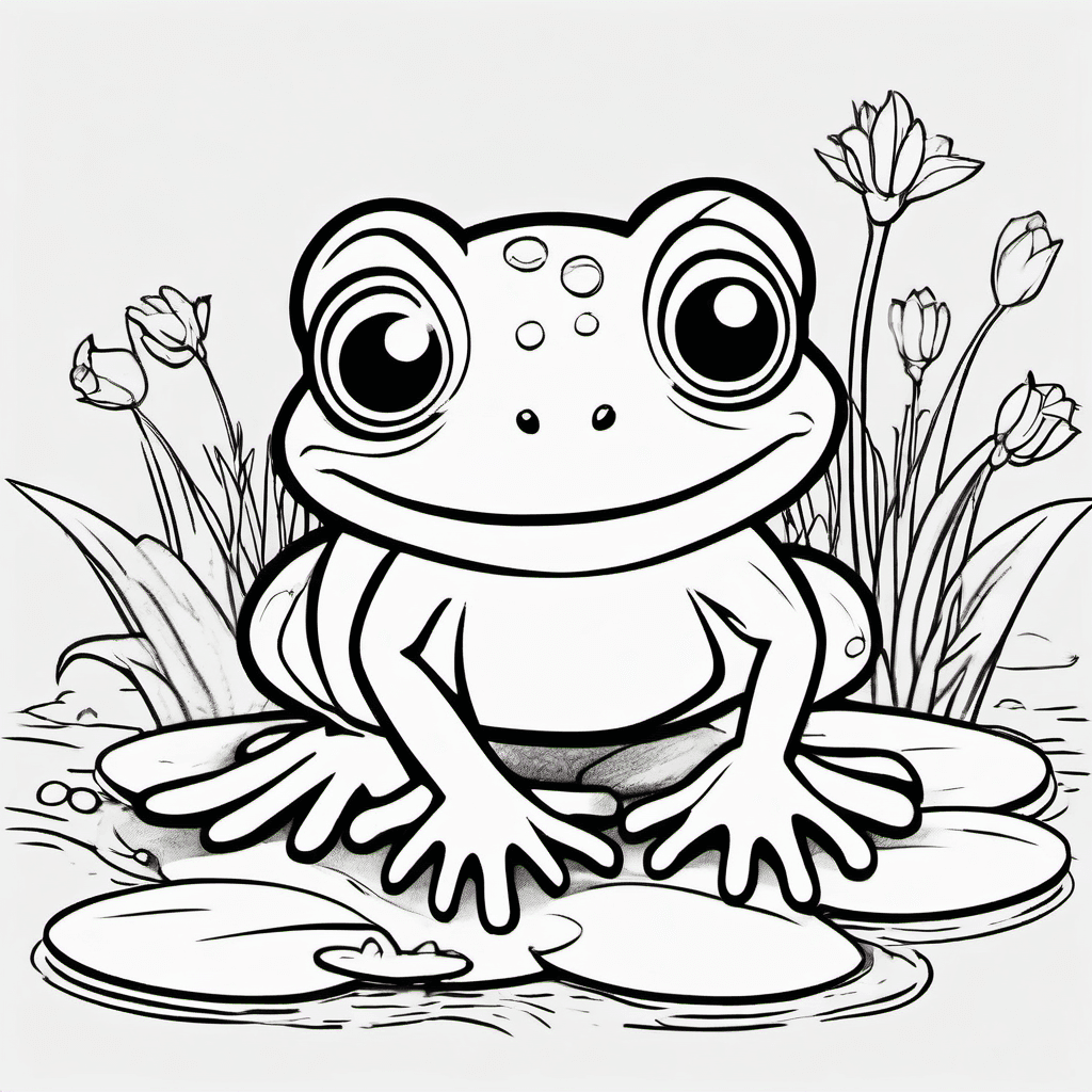 Cute baby frog sitting happily on a simple lily pad, big friendly eyes, round bo