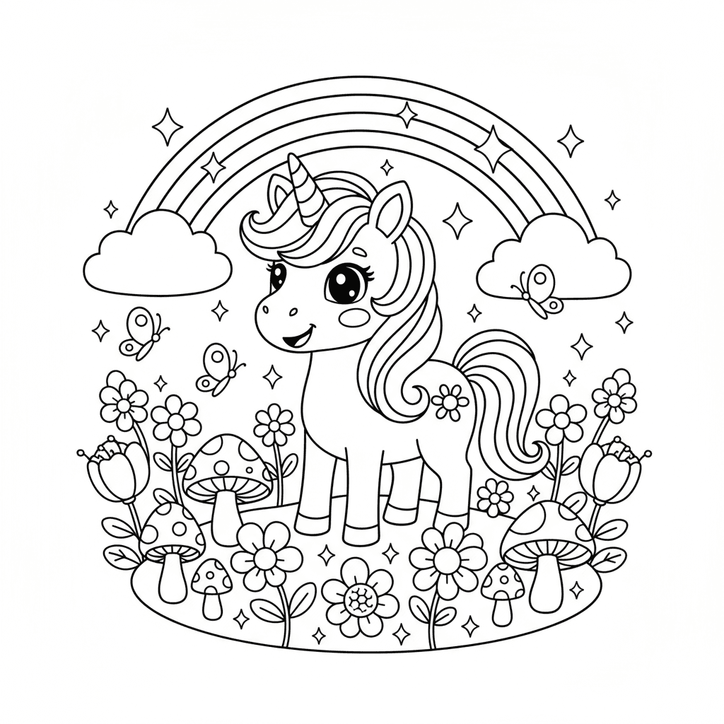 Create a cute children's coloring book page featuring an adorable little unicorn
