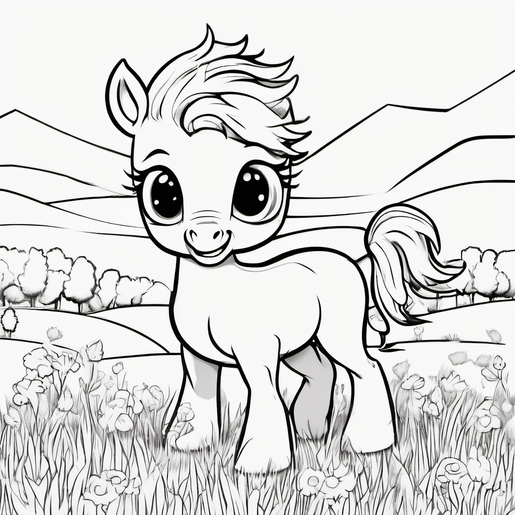 Cute baby horse foal standing happily in a simple grassy meadow, fluffy mane and