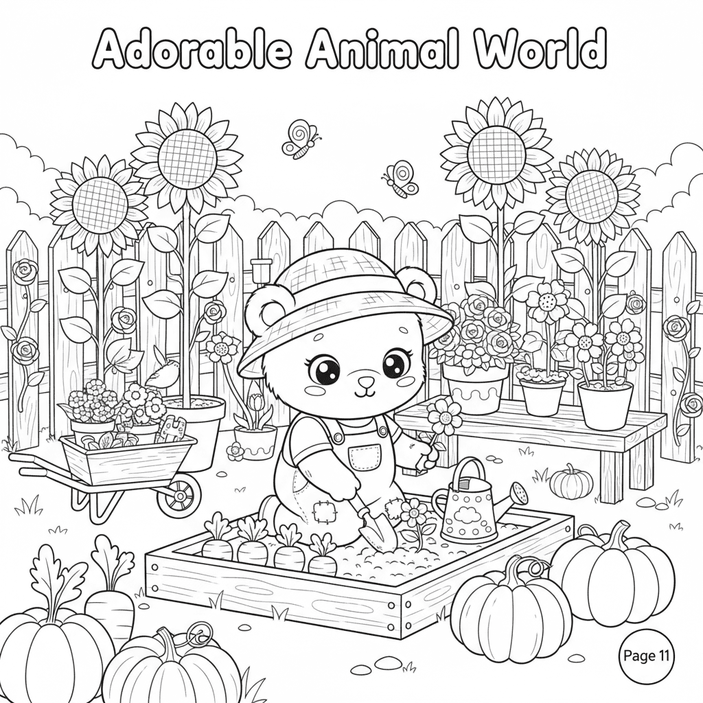 Create page 11 of a professional 20-page children's coloring book called 'Adorab