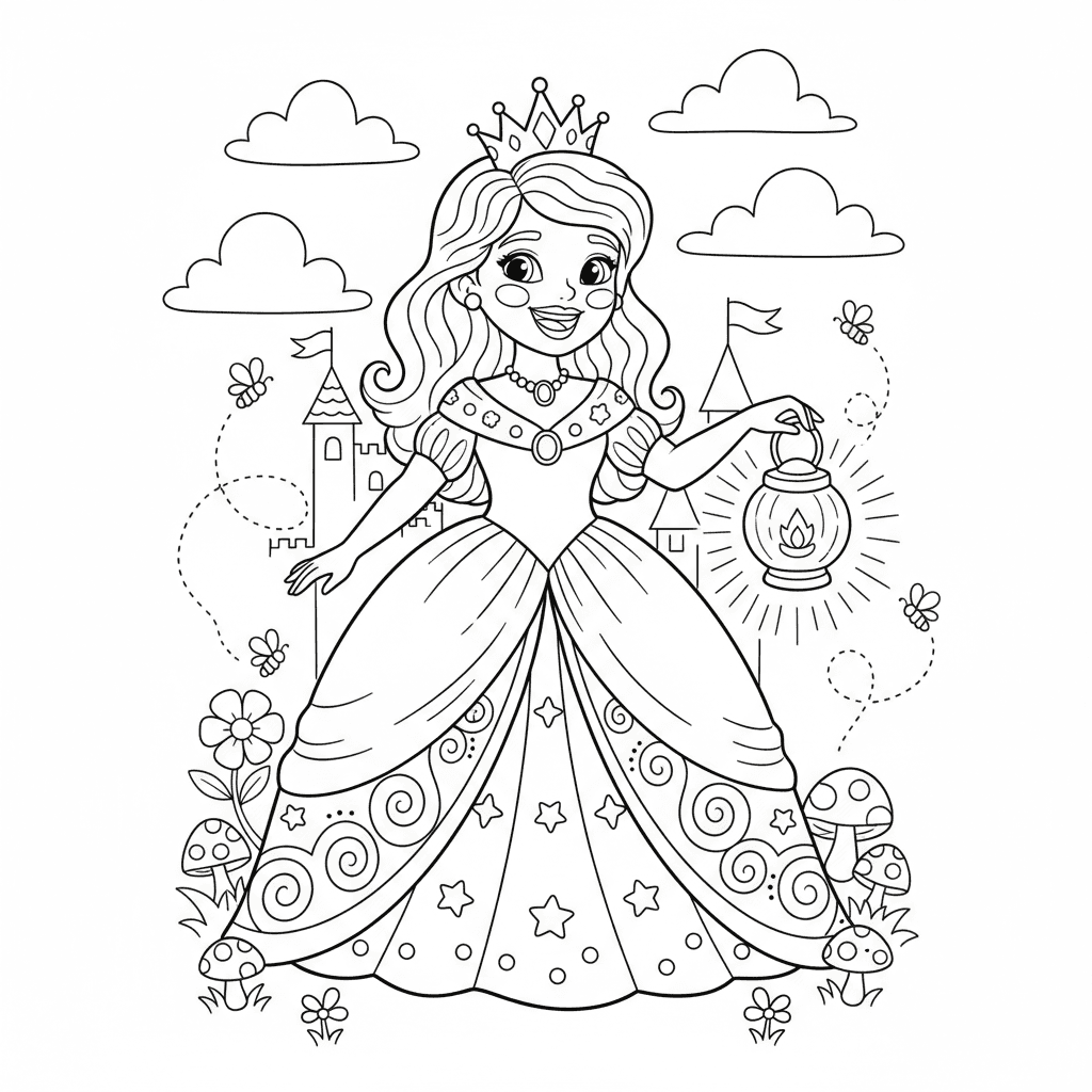 Cute Princess holding a shining lantern,smiling happily, wearing a beautiful roy