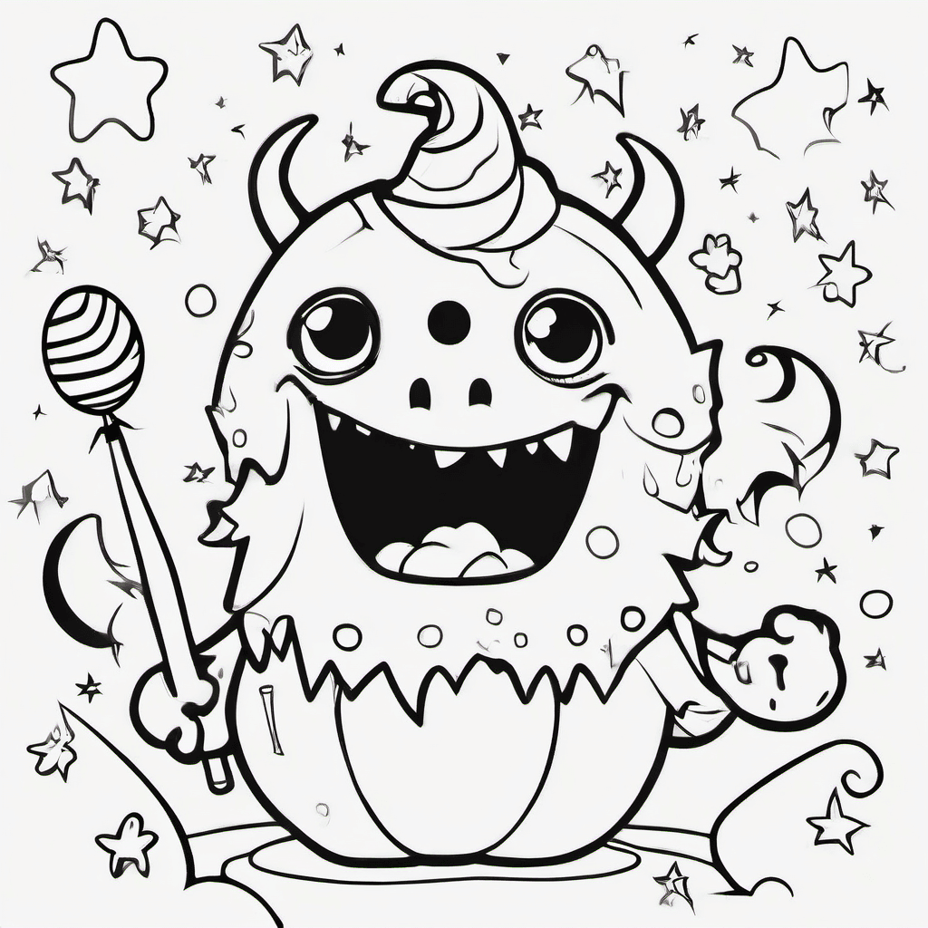 Cute baby monster holding a lollipop, surrounded by little stars and candy. Simp