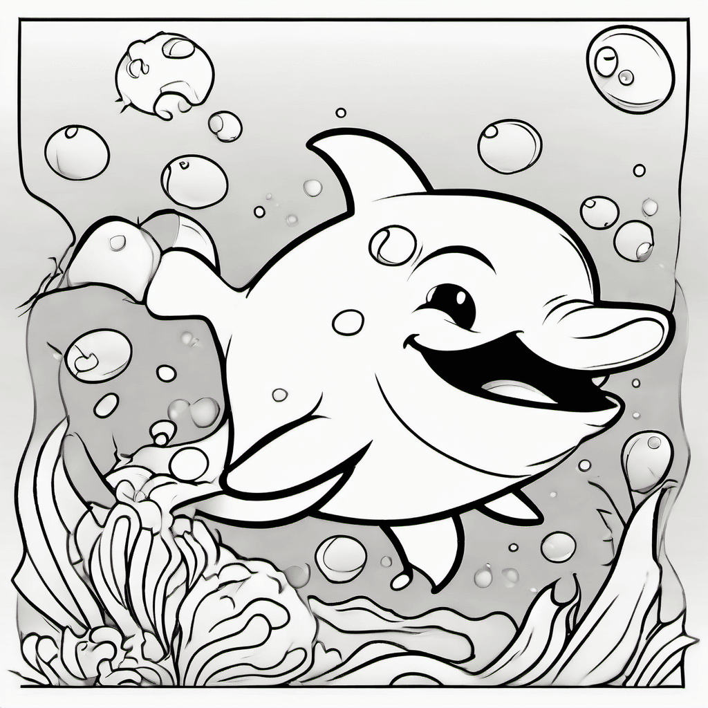 Cute baby dolphin swimming happily through simple ocean waves, big friendly eyes