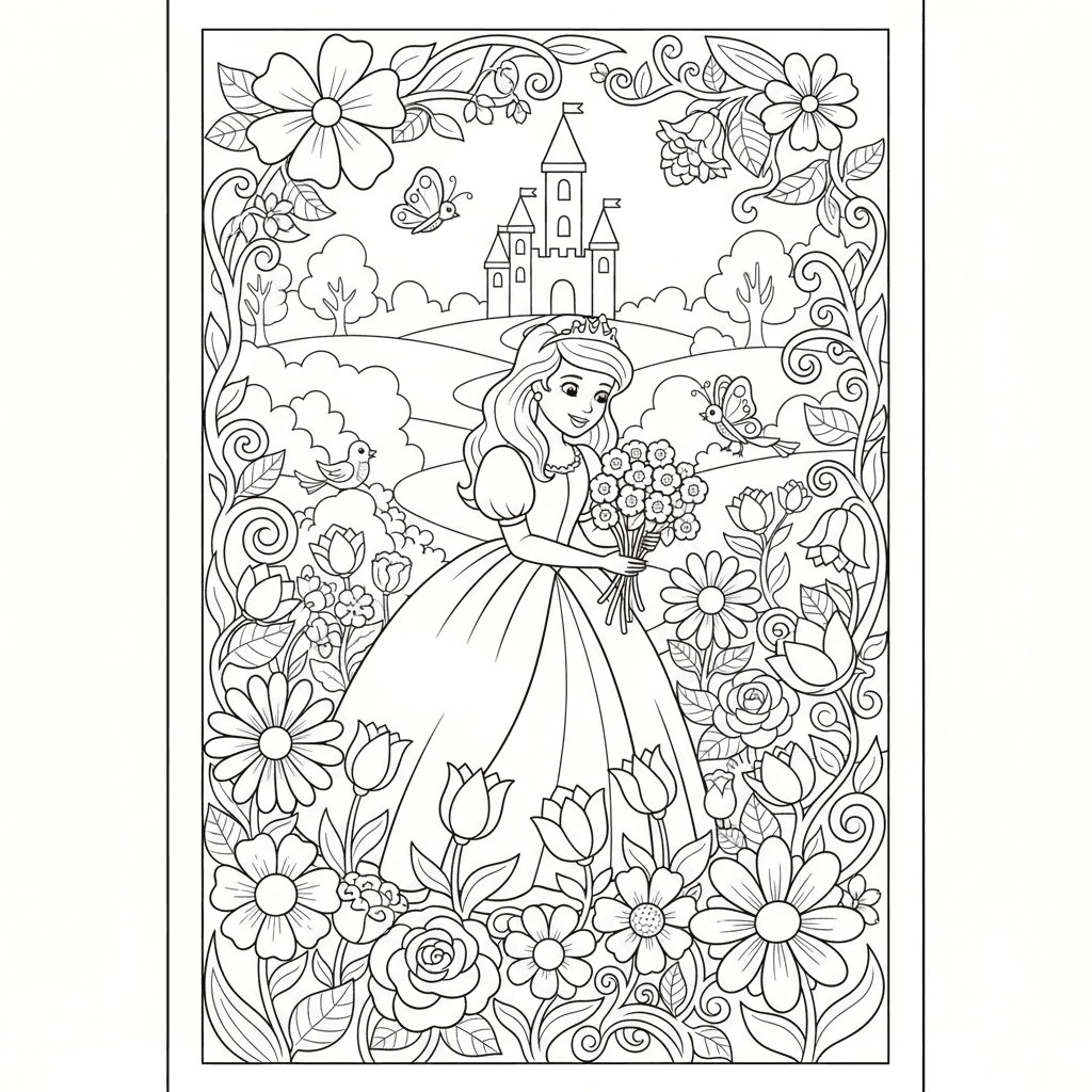 Cute Princess picking flowers in the beautiful garden full of flower, children's